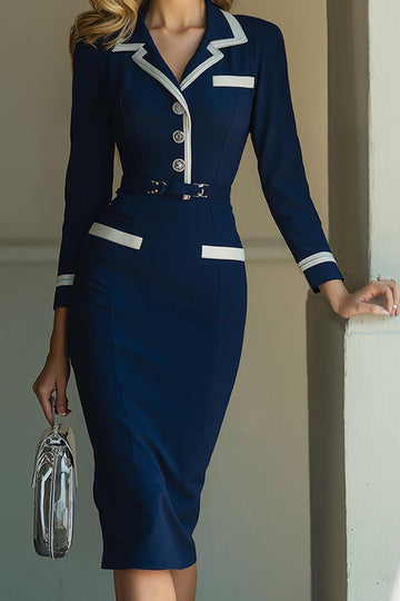 Robe blazer de travail midi à revers crantés en satin bleu marine avec manches